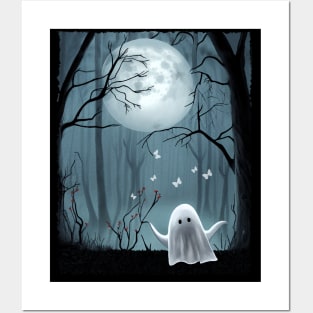 Sweet Ghost in foggy forest and full moon, Halloween Scary, dark atmosphere Posters and Art